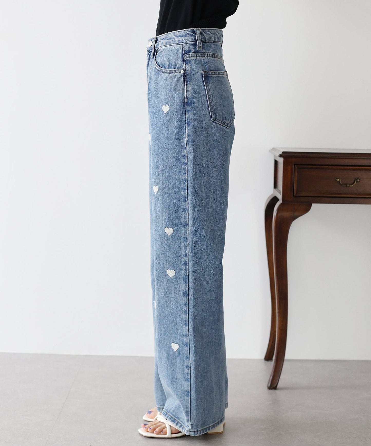 Heart Embroidery Wide Denim Pants