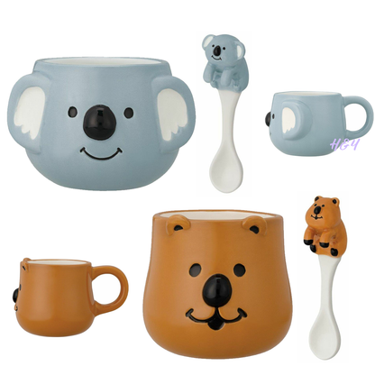  Two Animal Ceramic Cups with Spoons 