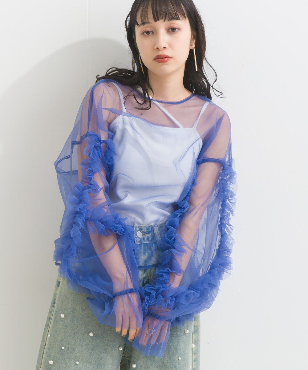 Ruffle Candy Sleeve Sheer Pullover