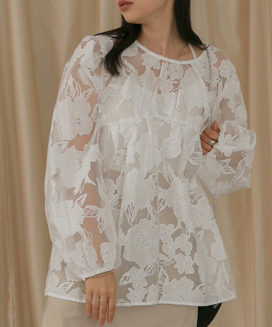 SHEER FLOWER VOLUME SLEEVE BLOUSE