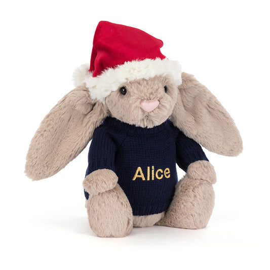 Bashful Christmas Bunny with Personalised Navy Jumper