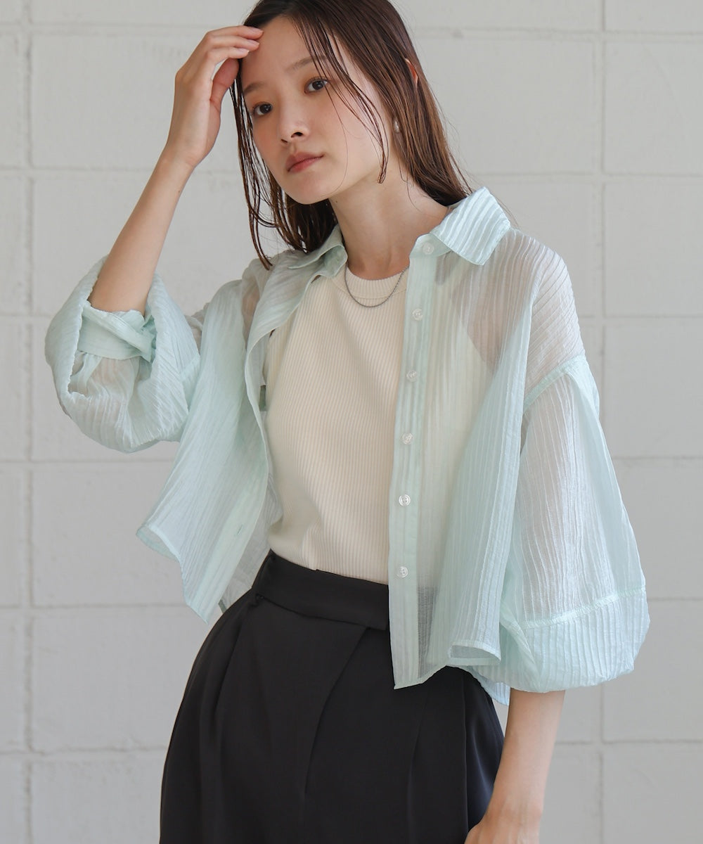 Tuck Sleeve Compact Sheer Shirt Blouse