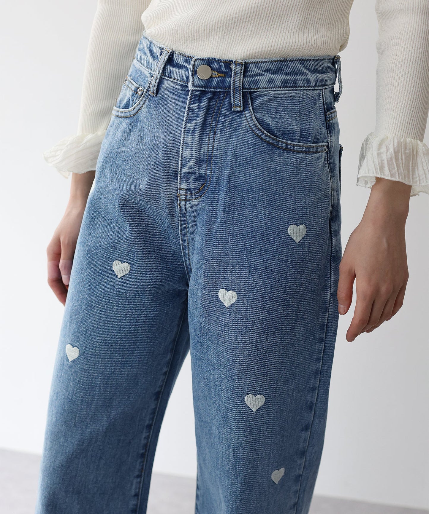 Heart Embroidery Wide Denim Pants