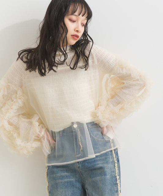 Ruffle Candy Sleeve Sheer Pullover