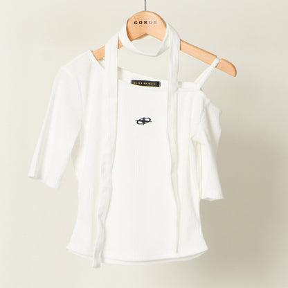 Embroidered Short-Sleeved Top with Stole