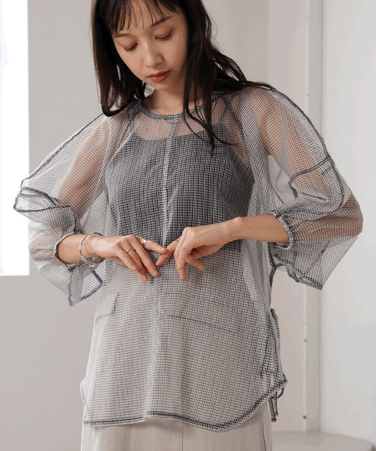 Sheer Check Lantern Sleeve Blouse