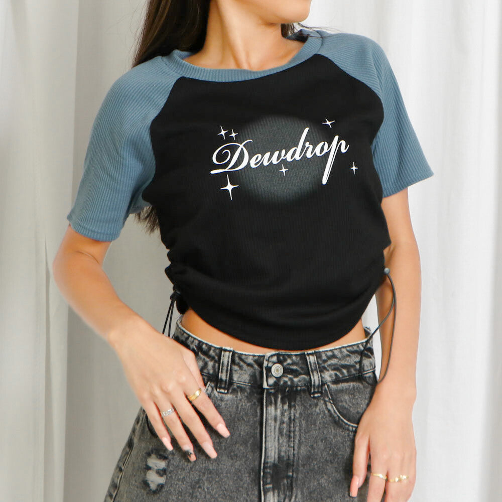 Drawstring Logo Print Ribbed Top