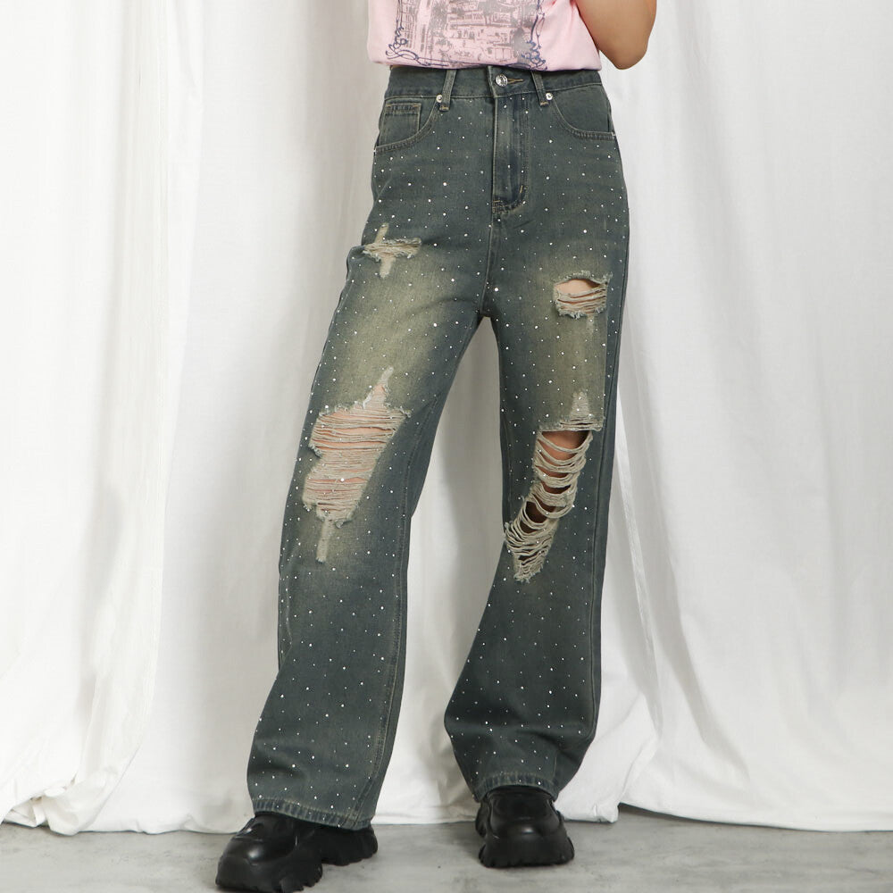 Rhinestone Distressed Denim