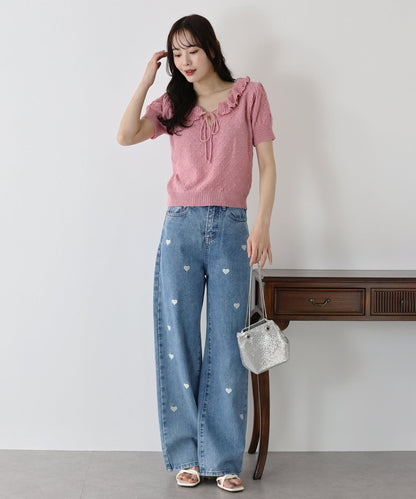 Heart Embroidery Wide Denim Pants