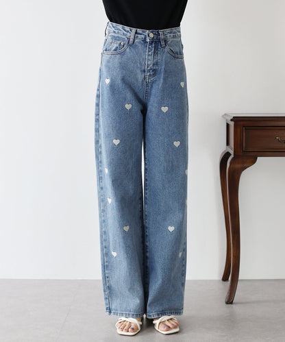 Heart Embroidery Wide Denim Pants