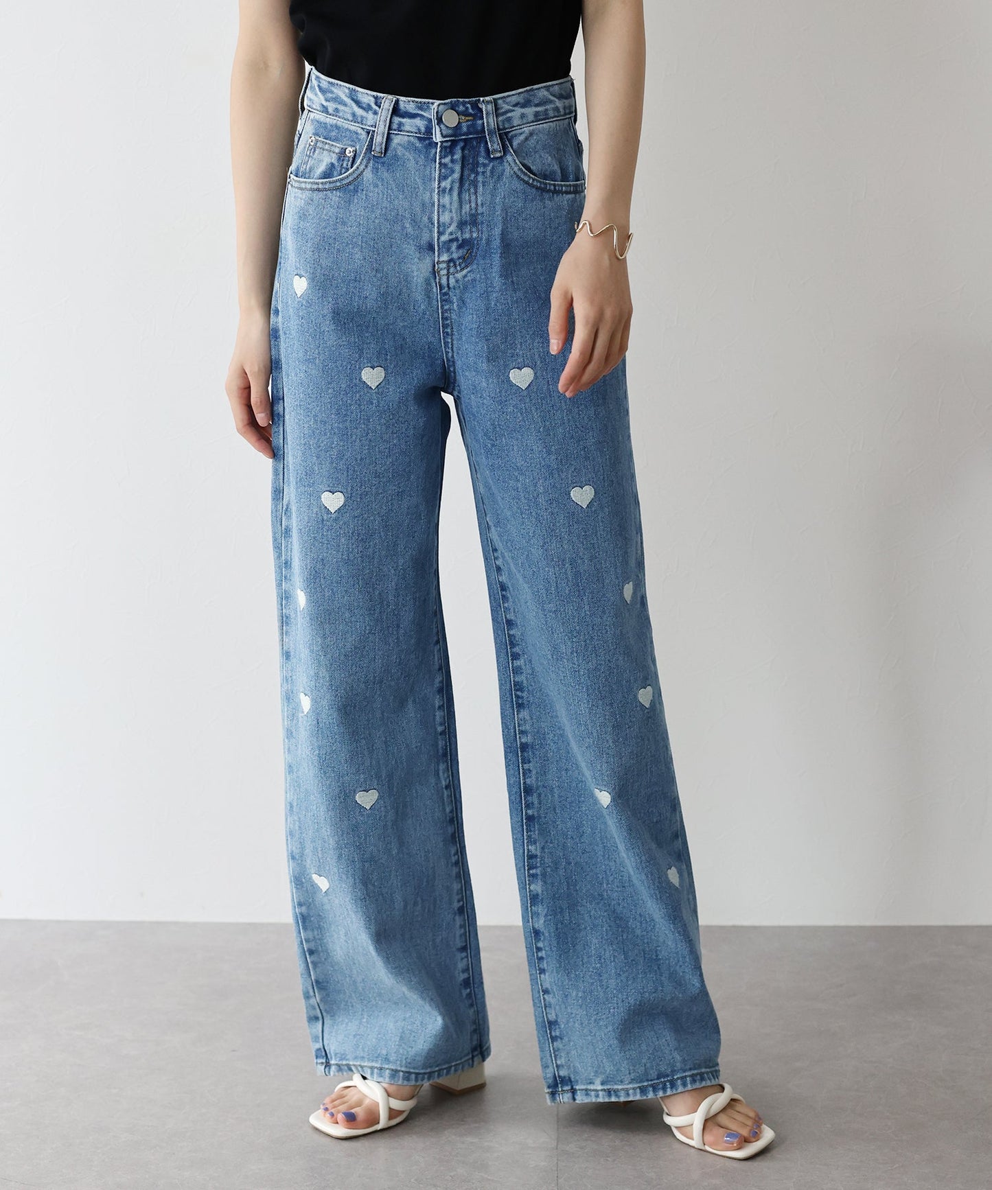 Heart Embroidery Wide Denim Pants