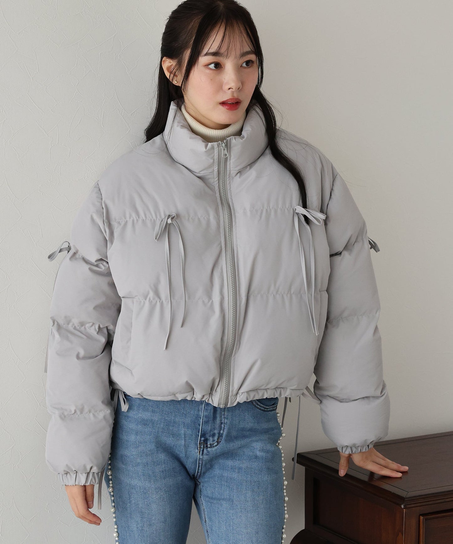 Short Down Jacket with Ribbon