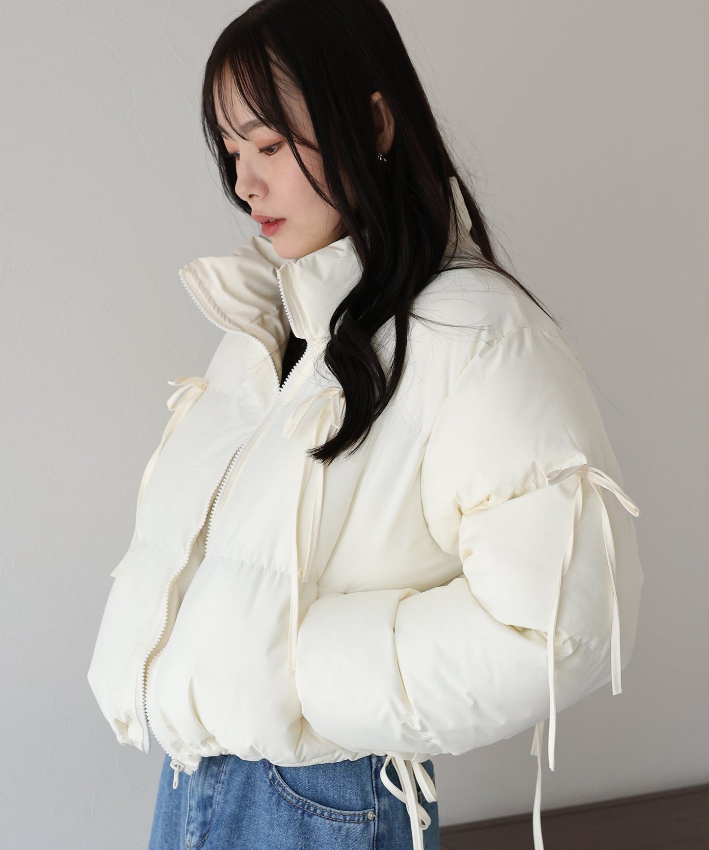 Short Down Jacket with Ribbon