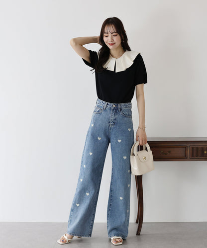 Heart Embroidery Wide Denim Pants