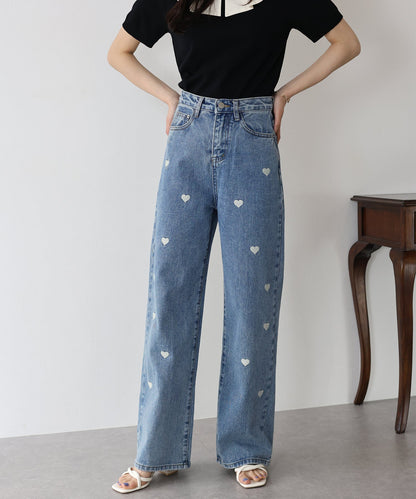 Heart Embroidery Wide Denim Pants