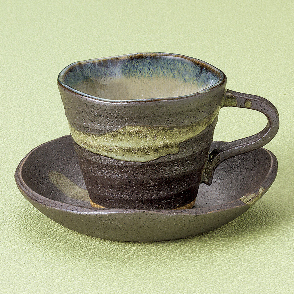 黑銀 Saiunryu 咖啡杯和碟子 日本製造 美濃燒