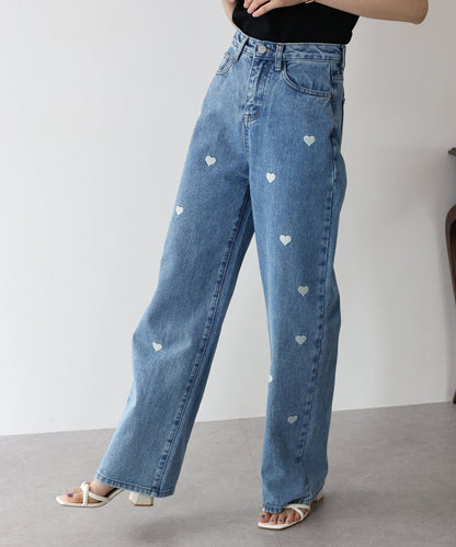 Heart Embroidery Wide Denim Pants