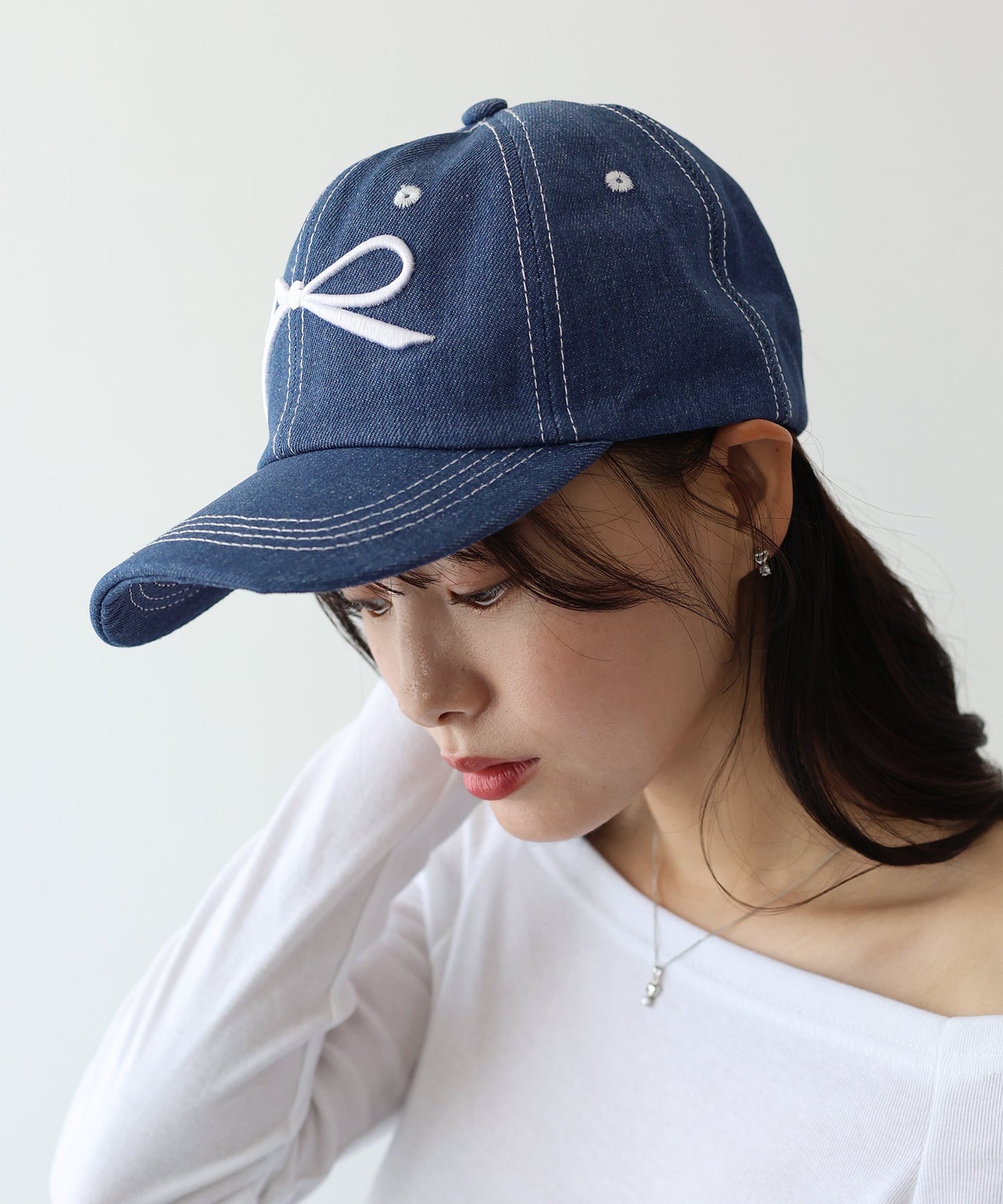 Ribbon Embroidered Denim Cap