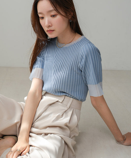 SHEER HALF SLEEVE RIB KNIT TOPS