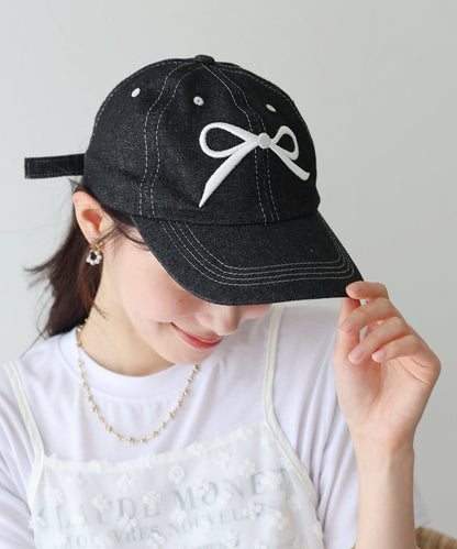 Ribbon Embroidered Denim Cap