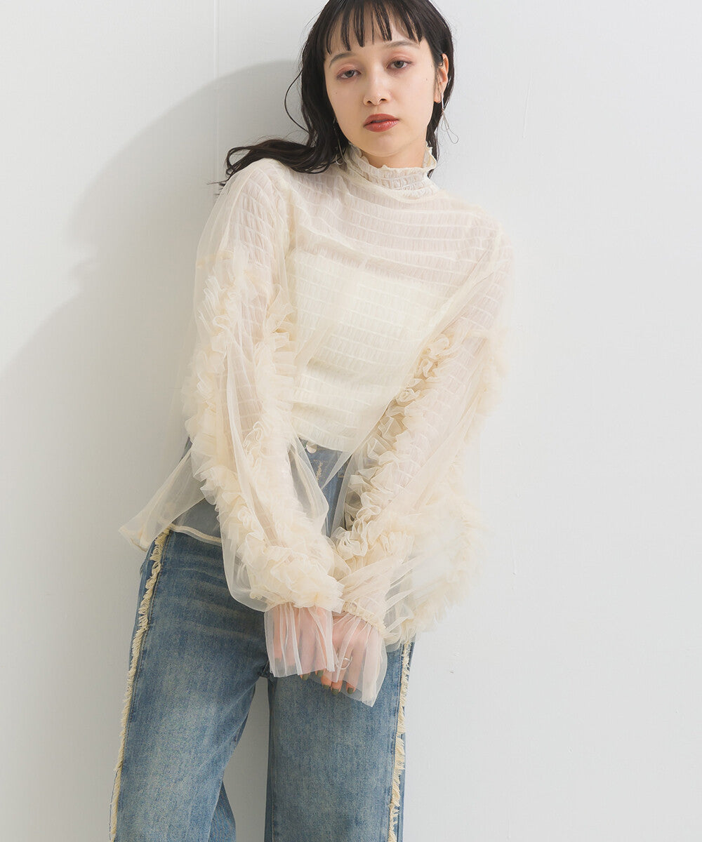 Ruffle Candy Sleeve Sheer Pullover