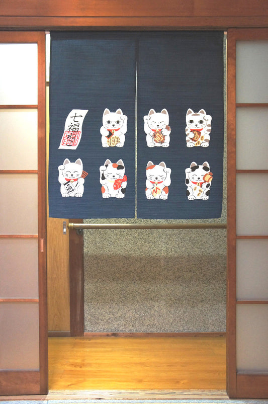 Nanafuku Neko Navy Blue 85X90cm Door Curtain Made in Japan